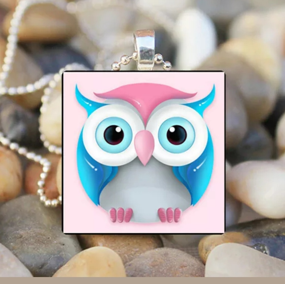 Pink & Blue Owl Silver & Glass Tile Necklace